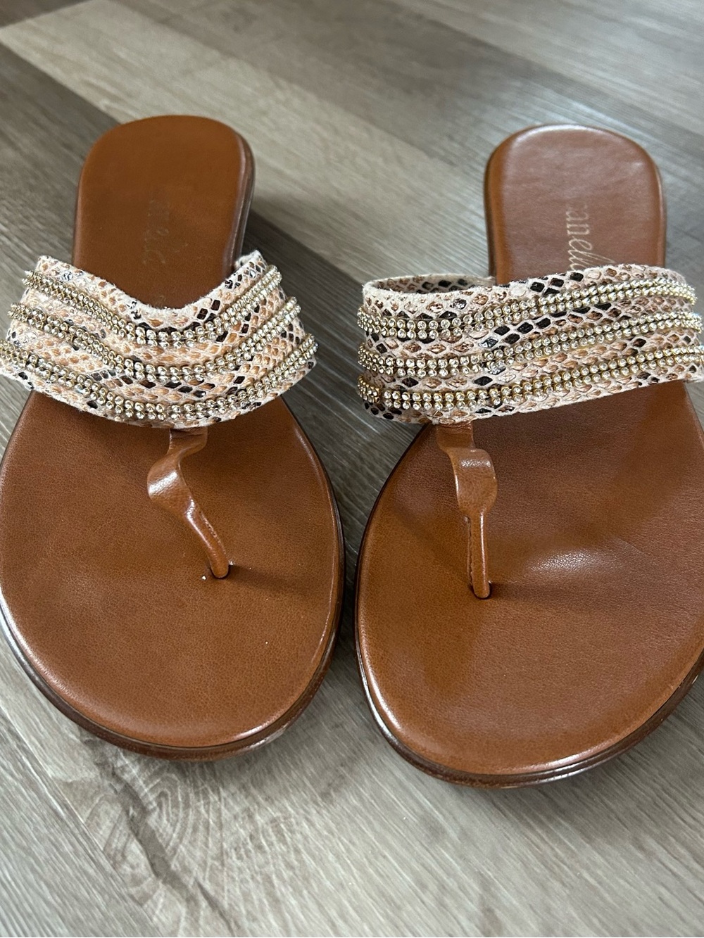 Toscanella Embellished Tan Toe-Post Sandals with Rhinestone Straps